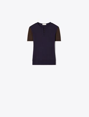 Tory Burch Short-sleeve Buttoned Wool T-shirt In Blue