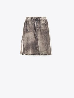 Tory Burch Panelled Frayed Denim Midi A-line Skirt In Gray