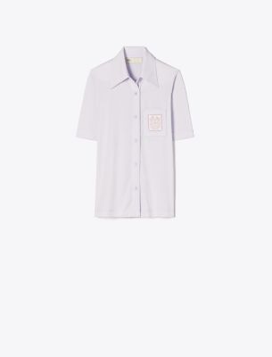 Tory Burch Embroidered Mercerized Cotton Polo In Gray