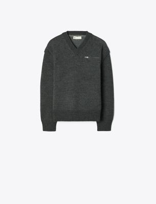 Tory Burch Wool V-neck Sweater In Gray