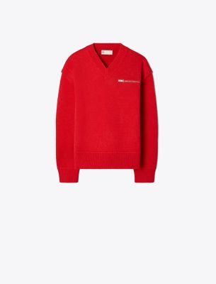Tory Burch Wool V-neck Sweater In Red