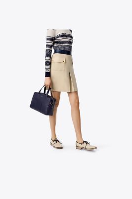 6196 TORY BURCH Block T Pebbled Zip Satchel ROYAL NAVY |