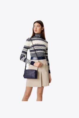 246 TORY BURCH Block T Pebbled Double Zip Crossbody ROYAL NAVY |