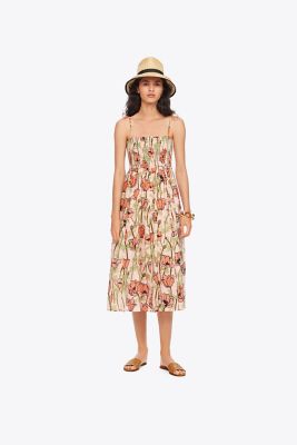 CONVERTIBLE SMOCKED PRINTED BEACH DRESS