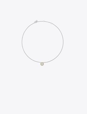 Tory Burch Miller Pavé Logo Delicate Necklace In Tory Silver/olive