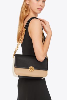 10139 TORY BURCH Chelsea Colorblock Convertible Chain Shoulder Bag SAVANNAH  BLACK NEW IVORY |