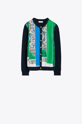 Woven-Front Crewneck Cardigan