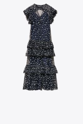 Flocked Tulle Ruffle Gown