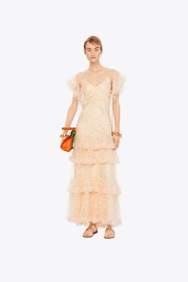 Flocked Tulle Ruffle Gown