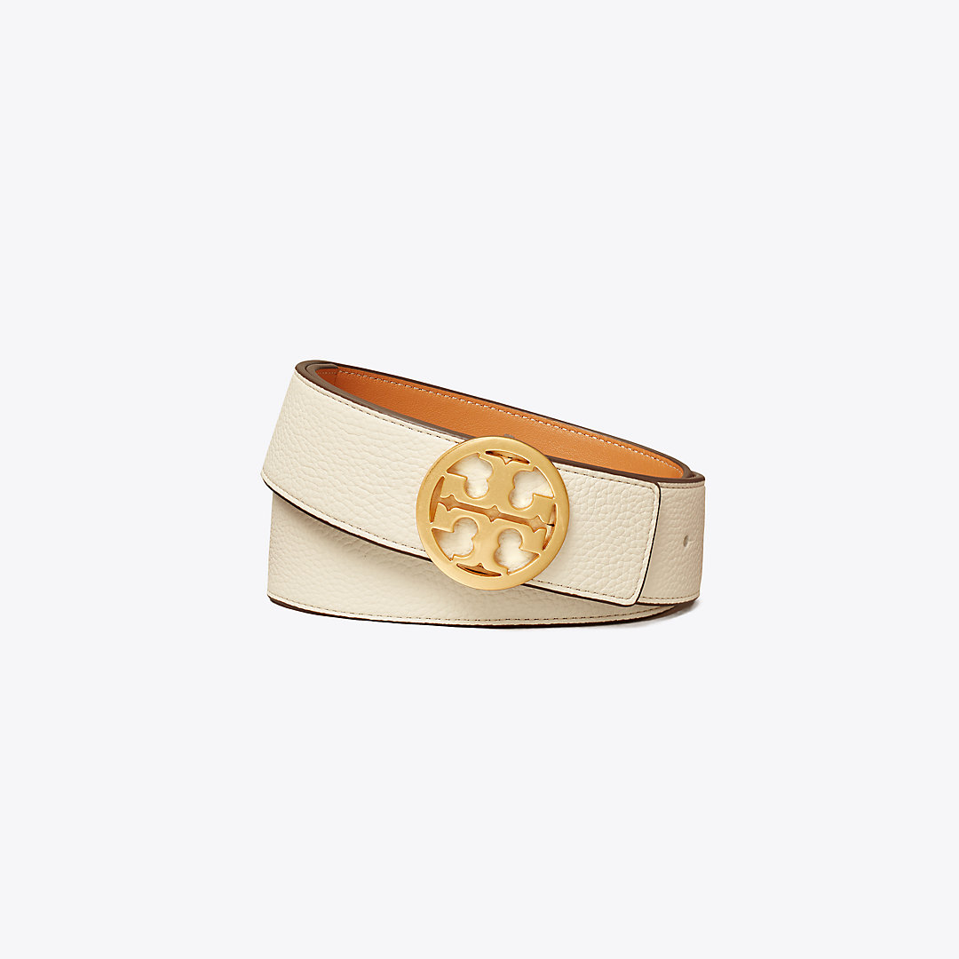 Tory Burch 1 1/2" Reversible Double T Belt In New Ivory/natural Vachetta/gold