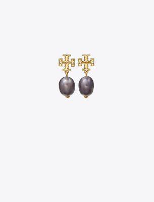 Tory Burch Kira Logo & Cultured Freshwater Pearl Drop Earrings In 18k Gold Plated In Tory Gold/dark Purple