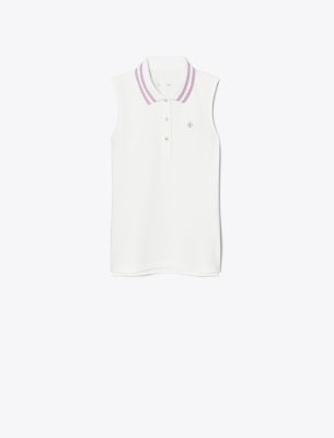 Tory Sport Tory Burch Performance Piqué Pleated-collar Sleeveless Polo In Snow White/lilac Frost