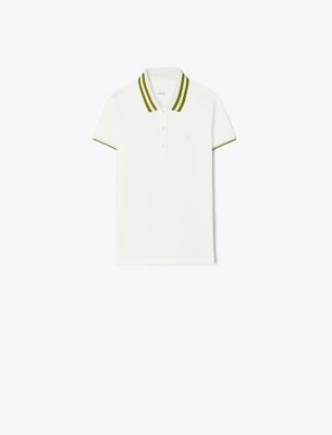 Tory Sport Tory Burch Performance Piqué Pleated-collar Polo In Snow White/cress