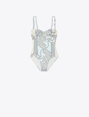 Shop Tory Burch Printed Underwire One-piece Swimsuit In Blue Zebra Scarf