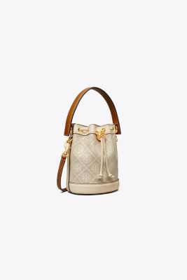 Tory Burch Mini T Monogram Bucket Bag In Natural