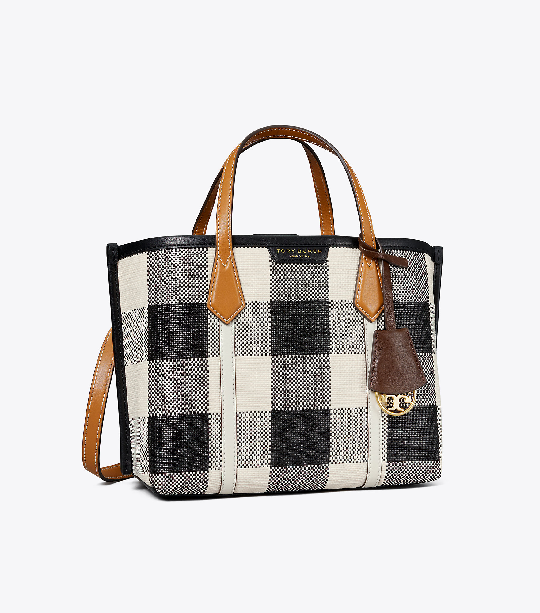 246 TORY BURCH Perry Triple Compartment Small Tote Bag BLACK NEW IVORY  GINGHAM