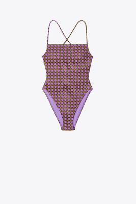 Tory Burch Printed Tie-back One-piece Swimsuit In Navy/sesame
