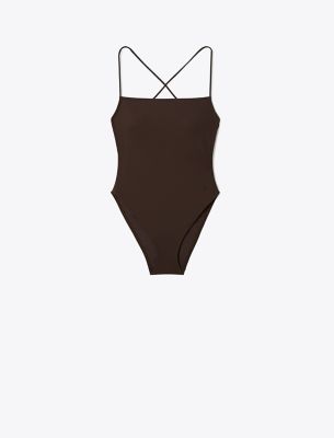 Tory Burch Tie-back One-piece Swimsuit In Dark Fudge