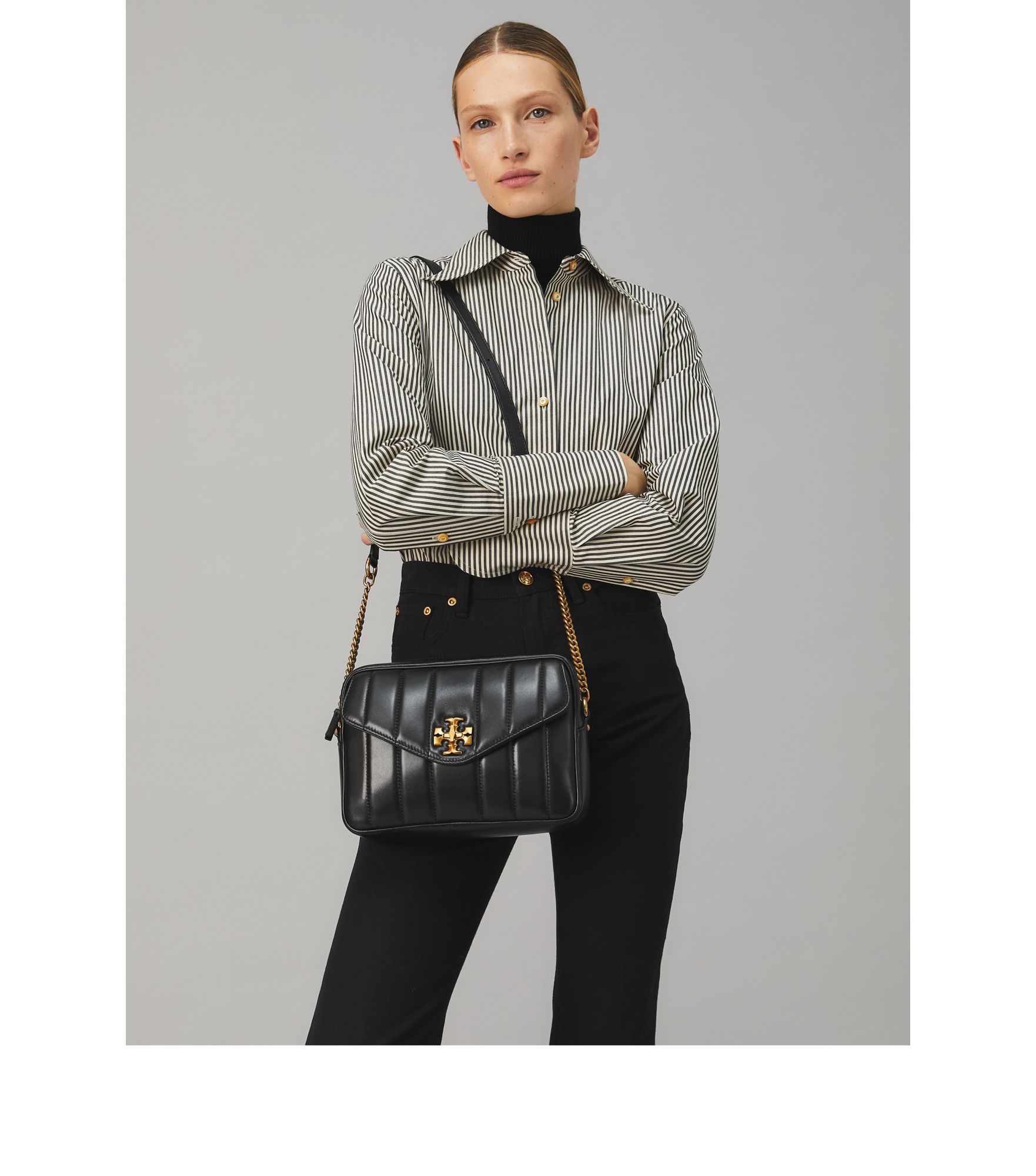 Kira Quilted Leather Shoulder Bag in Black - Tory Burch