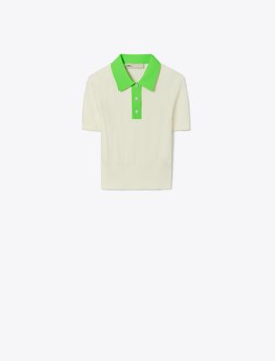 Shop Tory Sport Tory Burch Cotton Pointelle Polo Sweater In New Ivory/vibrant Green