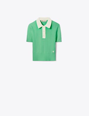 TORY SPORT TORY BURCH COTTON POINTELLE POLO SWEATER