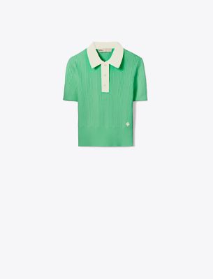 Tory Sport Tory Burch Cotton Pointelle Polo Sweater In Sport Green/new Ivory