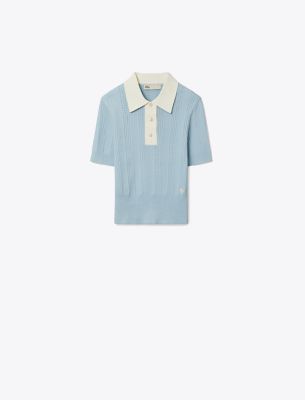 Tory Sport Tory Burch Cotton Pointelle Polo Sweater In Blue