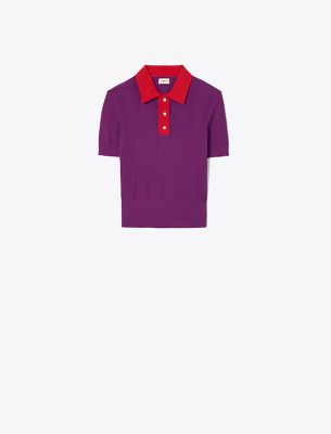 Tory Sport Tory Burch Cotton Pointelle Polo Sweater In Purple Magenta/canary Red