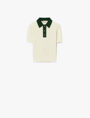 Tory Sport Tory Burch Cotton Pointelle Polo Jumper In New Ivory/dark Green