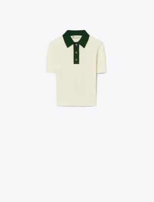 Tory Sport Tory Burch Cotton Pointelle Polo Sweater In New Ivory/dark Green