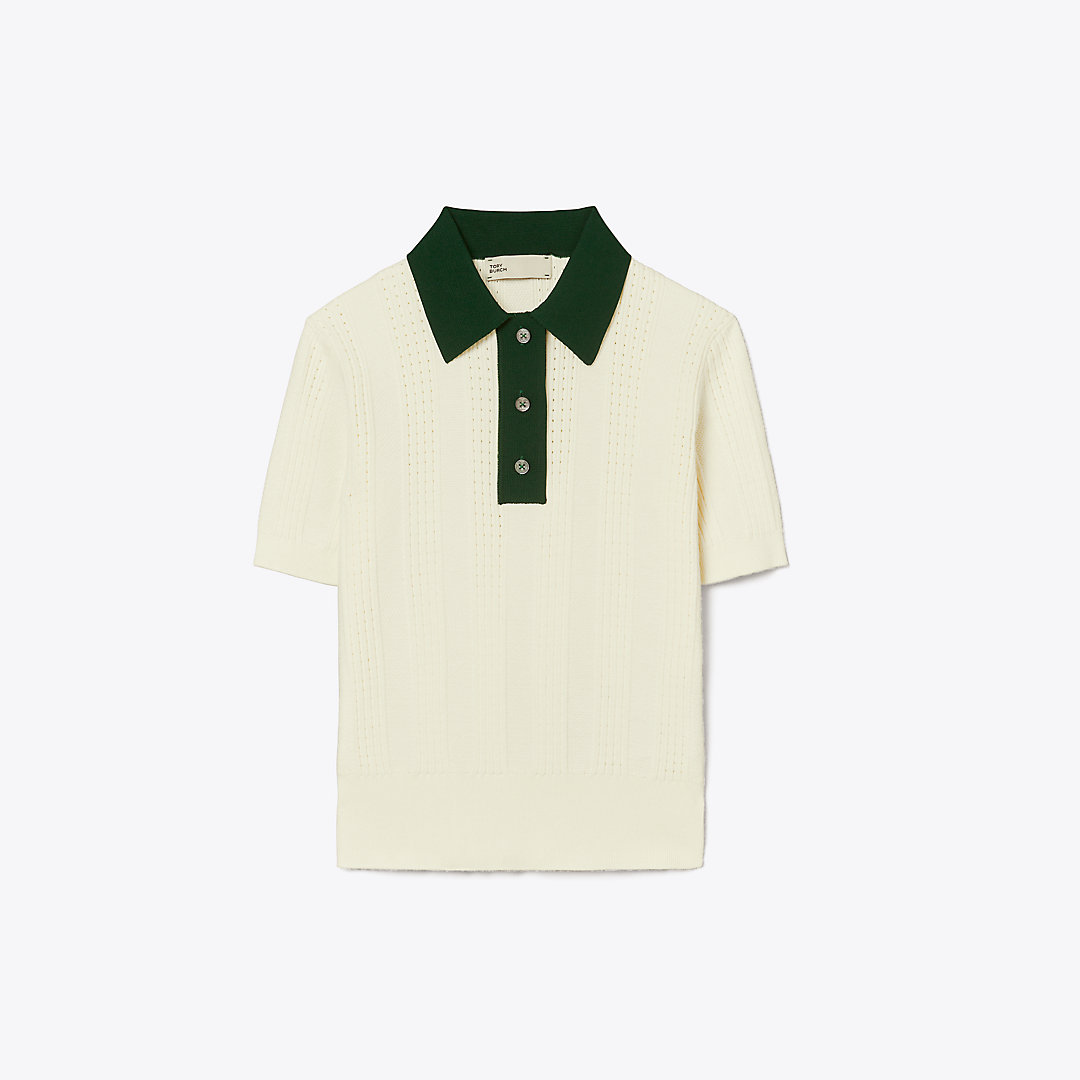 Tory Sport Tory Burch Cotton Pointelle Polo Sweater In New Ivory/dark Green