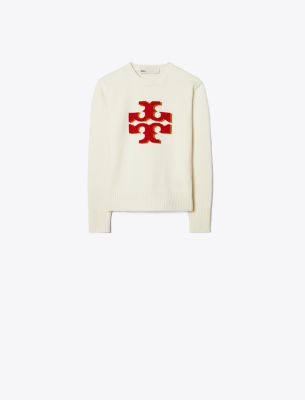 Tory Burch Cashmere Logo Crewneck In New Ivory/red