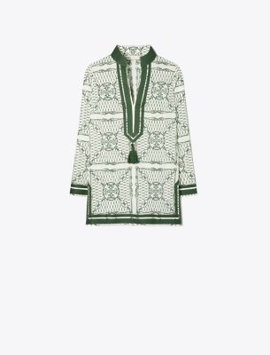 Shop Tory Burch Printed Tory Tunic In Ivory/green Rope Scarf