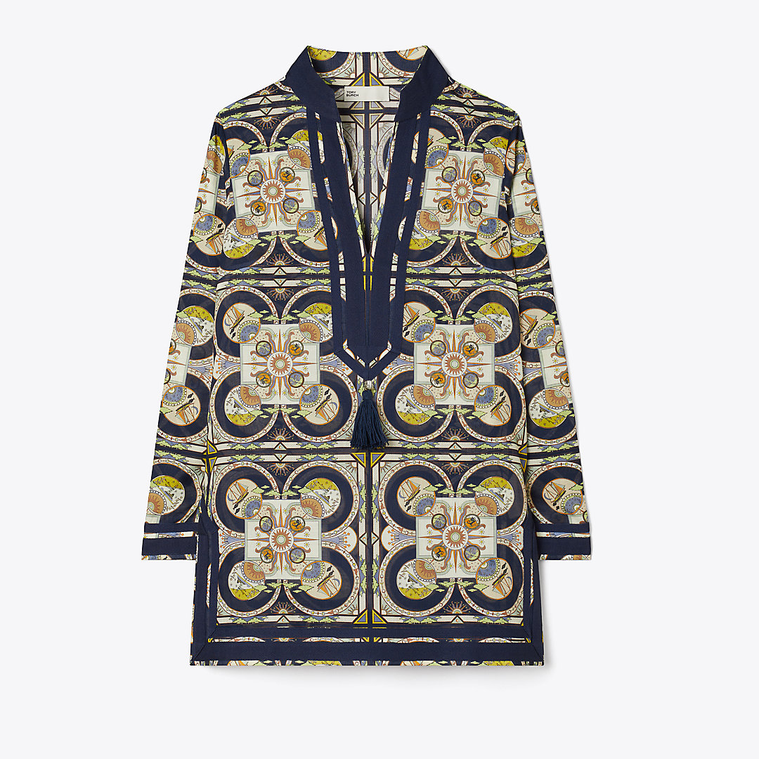 Shop Tory Burch Printed Tory Tunic In Navy Sundial Square