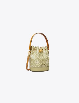 Tory Burch T Monogram Embossed Mini Bucket Bag In Olive Sprig