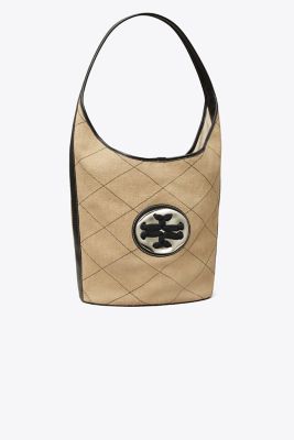 Tory Burch Quilted Linen Woven Double T Oversized Hobo In Natural/black