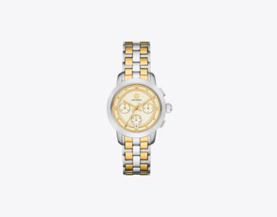 Shop Tory Burch Tory Chronograph Watch, Two-tone Gold/stainless Steel In Ivory/2 Tone