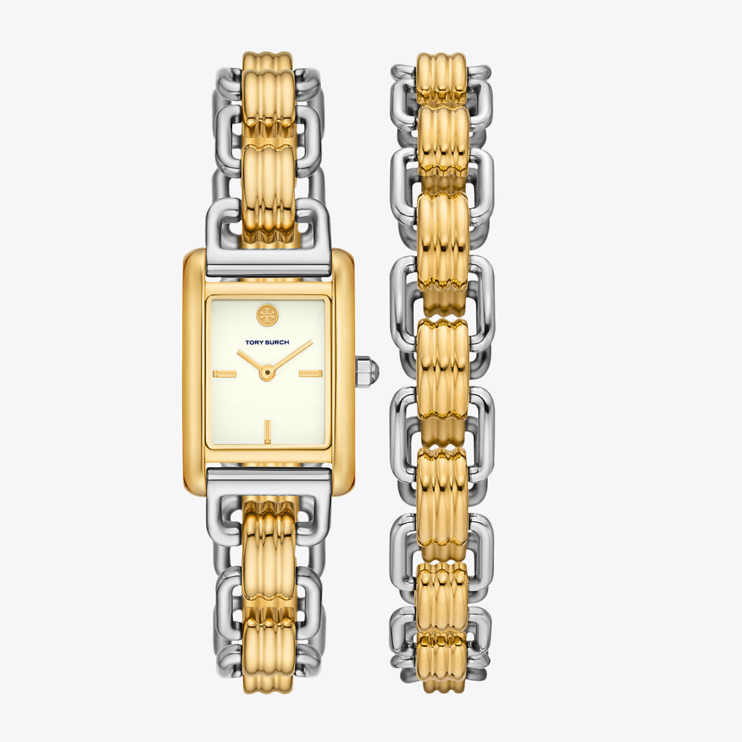 Shop Tory Burch Mini Eleanor Double Wrap Watch, Two-tone Stainless Steel In Ivory/two-tone