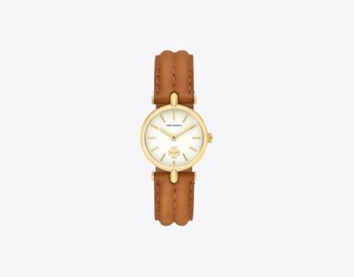 Tory Burch Kira Watch, Leather/gold-tone Stainless Steel In Brown