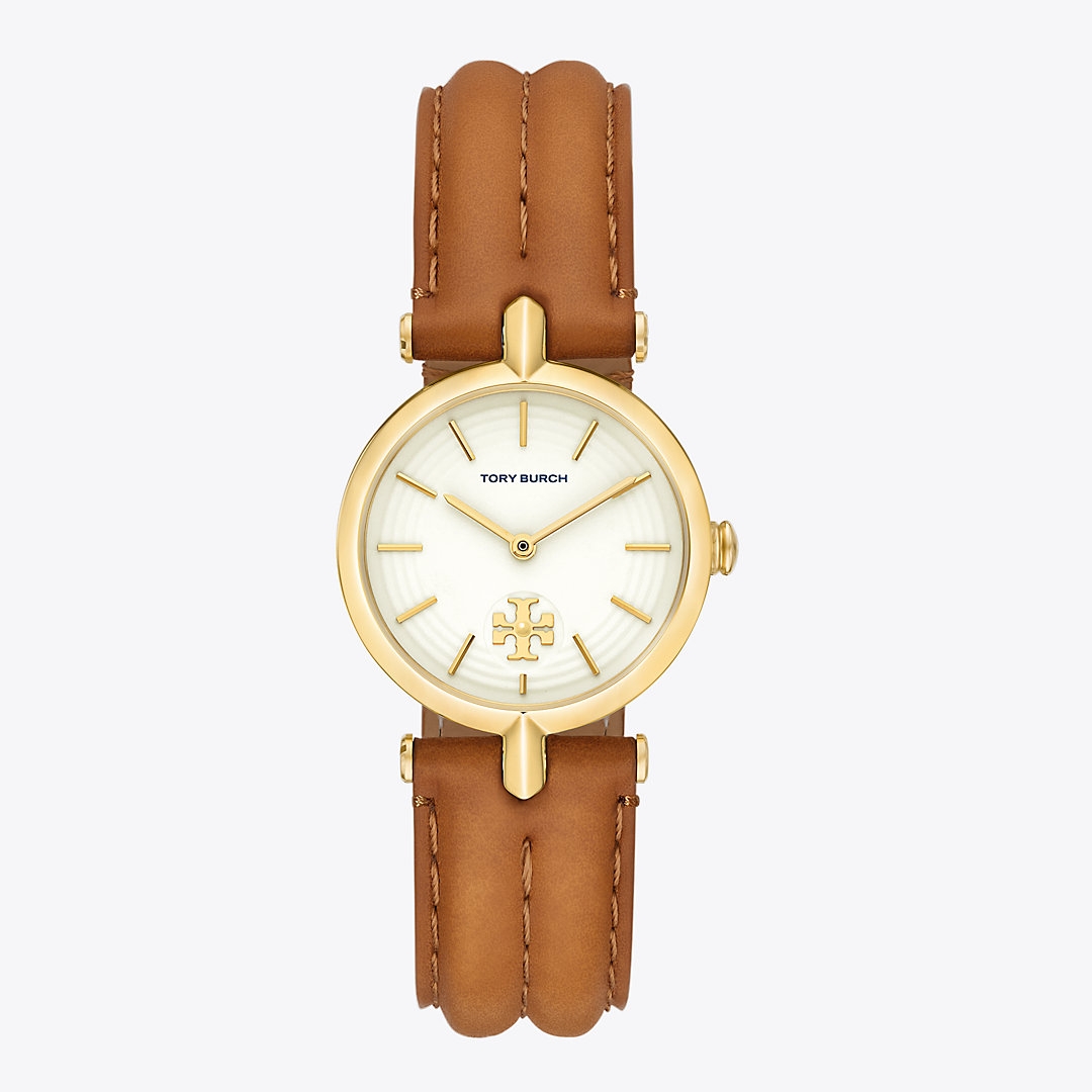 Tory Burch Kira Watch, Leather/gold-tone Stainless Steel In Brown