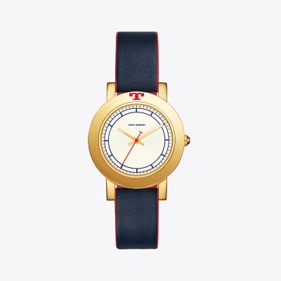ELLSWORTH WATCH, NAVY LEATHER/GOLD-TONE, 36 MM