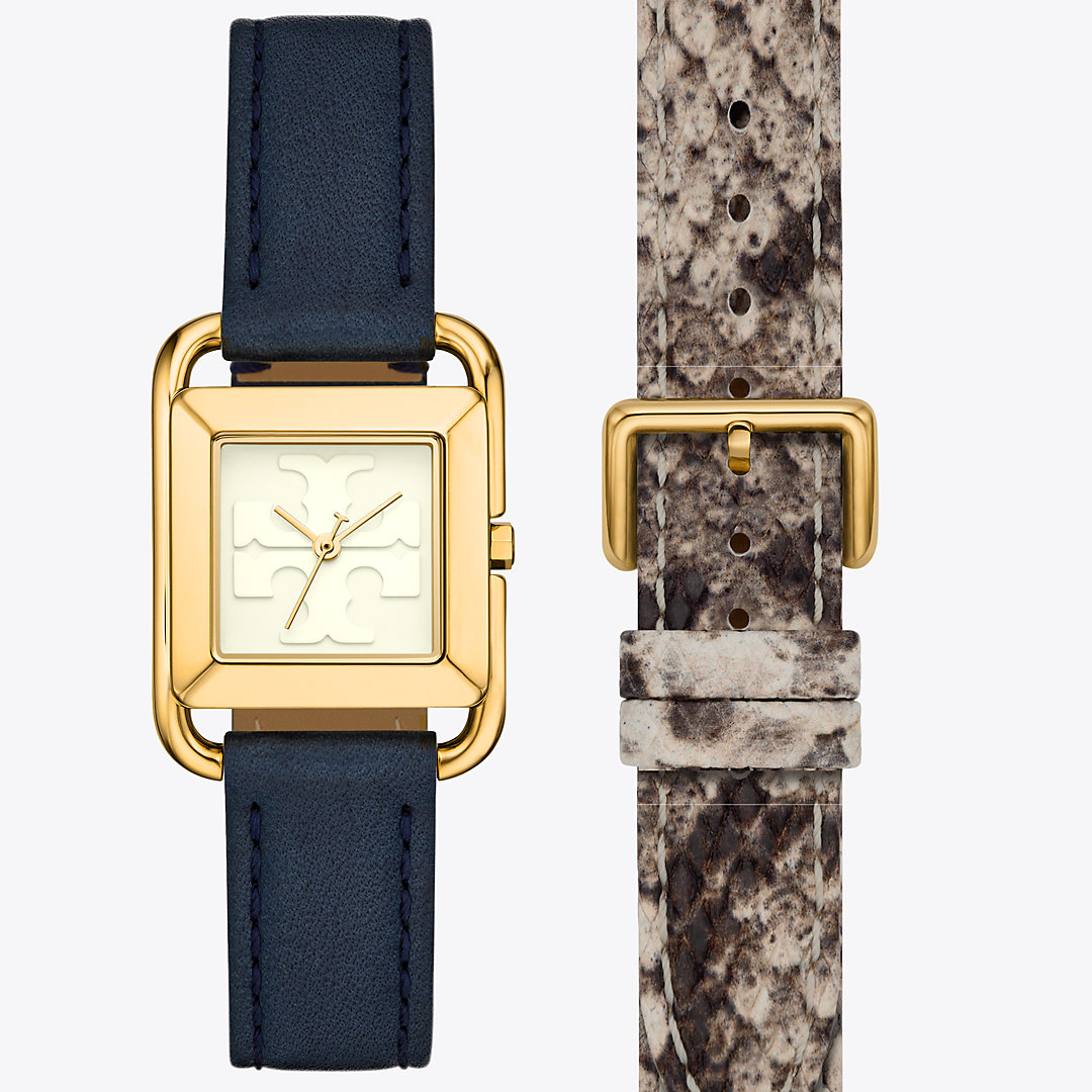 Tory Burch Miller Watch Set, Gold-tone Stainless Steel In Ivory/gold/navy/snake