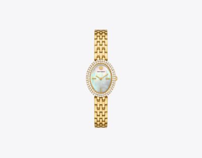 Tory Burch Oval Watch In Mop/stones/gold