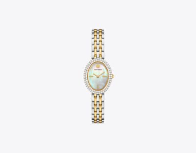 Tory Burch Oval Watch In Mop/stones/two-tone