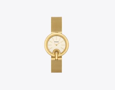 Tory Burch Women's The Pierced Gold-tone Stainless Steel Mesh Bracelet Watch 36mm In Ivory/gold