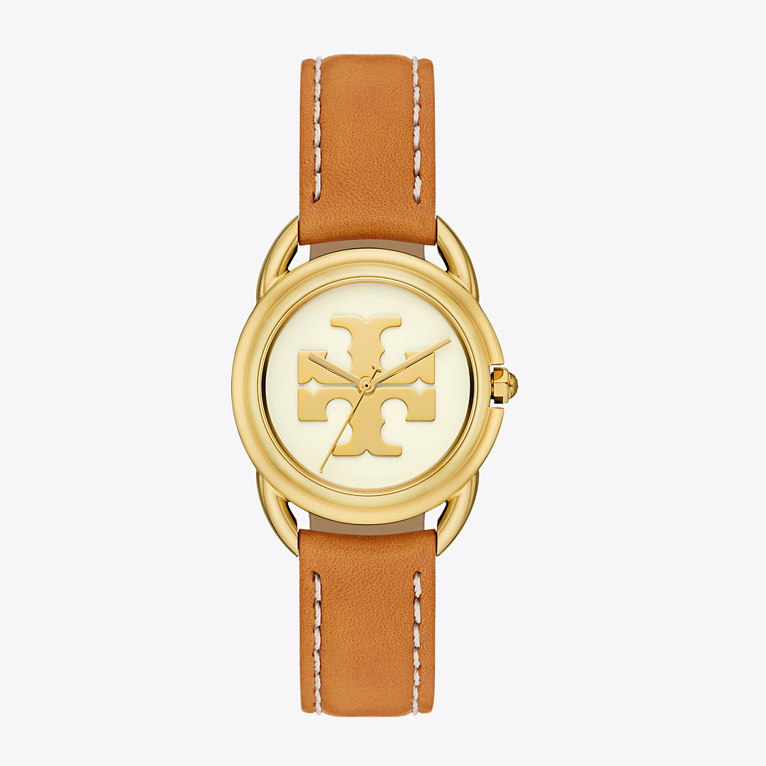 Tory Burch Miller Watch, Leather/gold-tone Stainless Steel In Ivory/gold/luggage