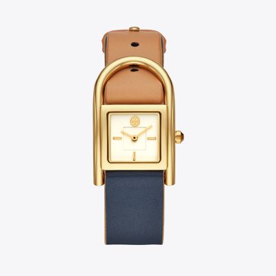 THAYER WATCH, BEIGE & NAVY LEATHER/GOLD-TONE, 25 x 39 MM