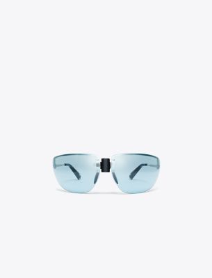 Tory Burch Runway Sunglasses In Shiny Silver/light Blue