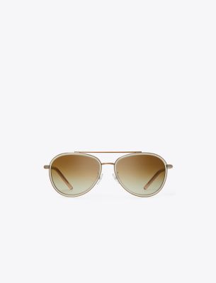 Tory Burch Eleanor Pilot Sunglasses In Shiny Rose Gold/brown Gradient