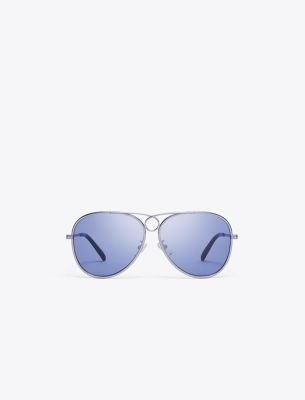 Tory Burch Gloria Pilot Sunglasses In Light Blue Gunmetal/solid Azure